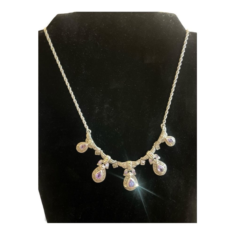VINTAGE ART DECO STERLING SILVER, MARCASITE & AMETHYST NECKLACE - Picture 3 of 5
